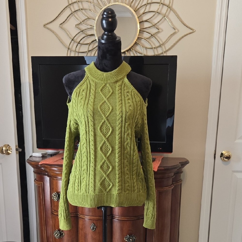 Green Cable Knit Cold Shoulder Sweater